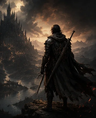 A warrior watching a distant fortress beneath a storm-dark sky