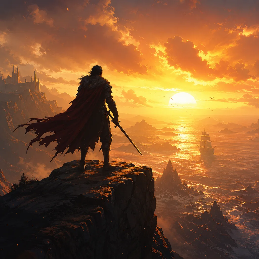 A lone adventurer overlooking a vast fantasy coast at sunset
